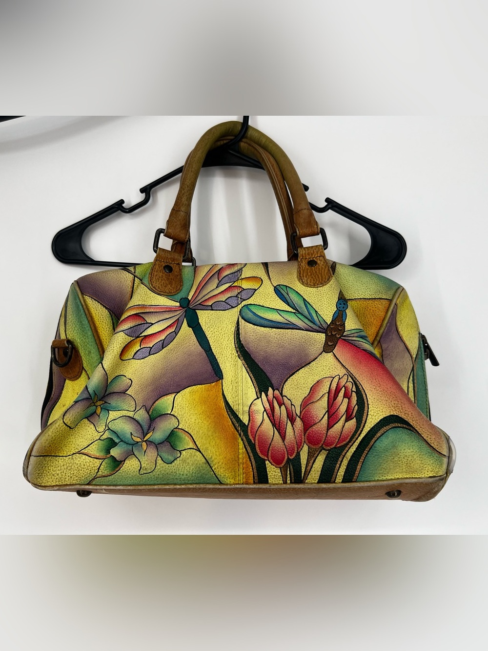 Anna by Anuschka hand-painted leather satchel bag in the "Dragonfly Glass Painti